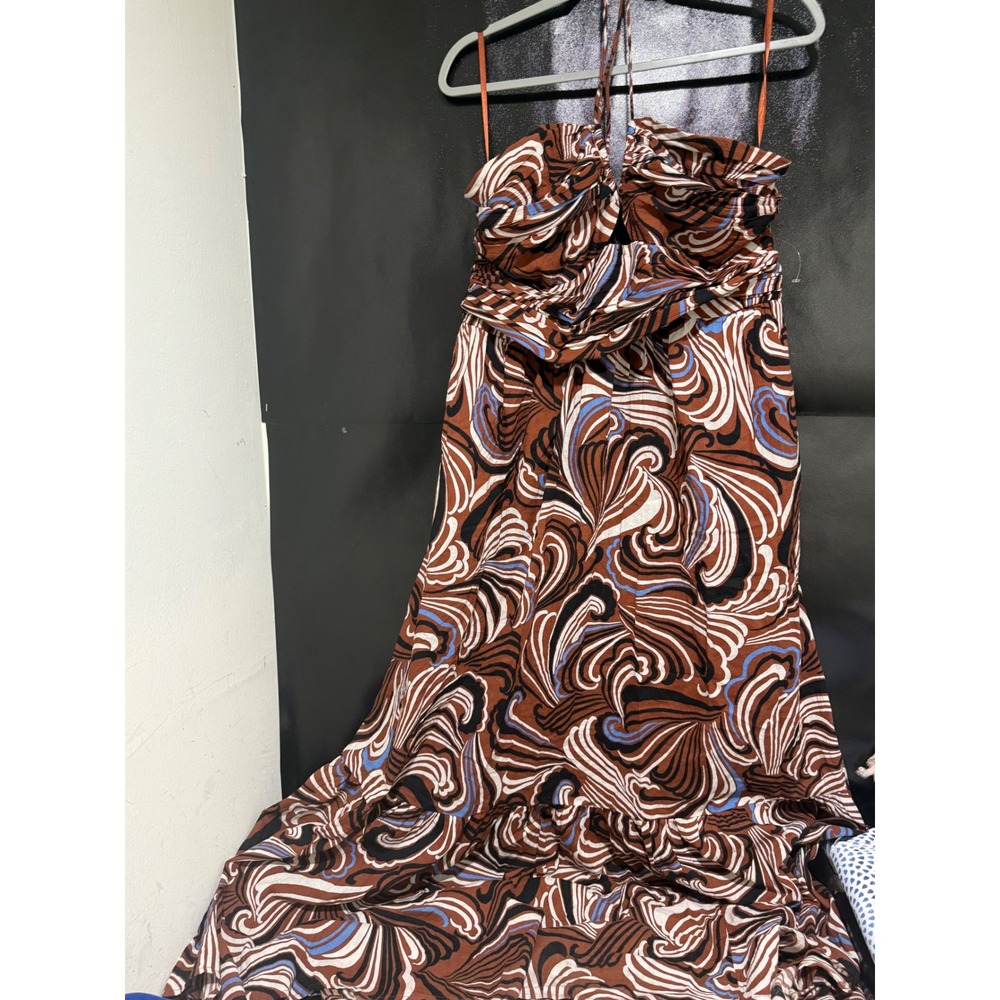 LOFT Beach Halter Maxi Dress Brown Swirl Print Smocked Waist XL‎